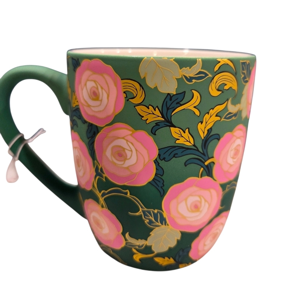 💚▪️Petal & Pearl ▪️Floral Rose Pattern Ceramic Mug in Forest Green - Picture 3 of 6